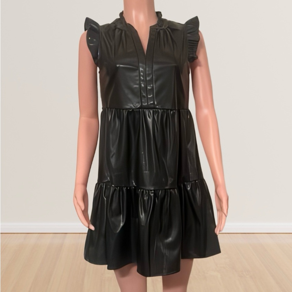 Skies Are Blue Black Faux Leather Mini Dress New Year’s Eve party